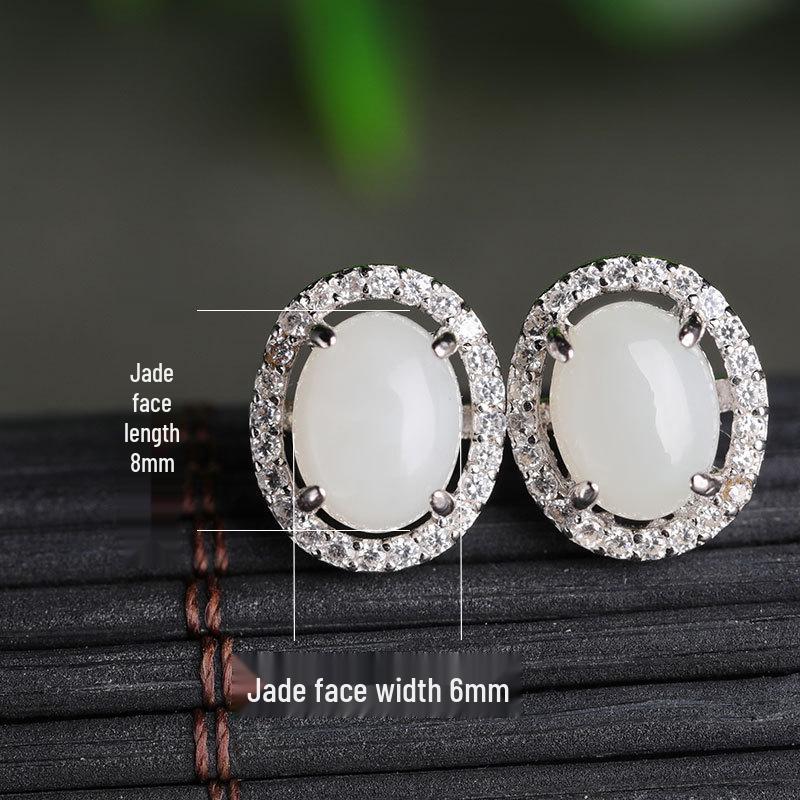 925 Sterling Silver Hetian Jade Stud Earrings with Certificate - Simple Ancient Hanfu Cheongsam Style White Jade Earrings