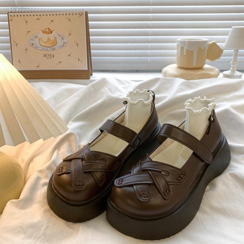 Women's Round Toe  Spring New Style Deep Mouth Literary Lady Campus College Style Height Increase Large Size Single Shoes