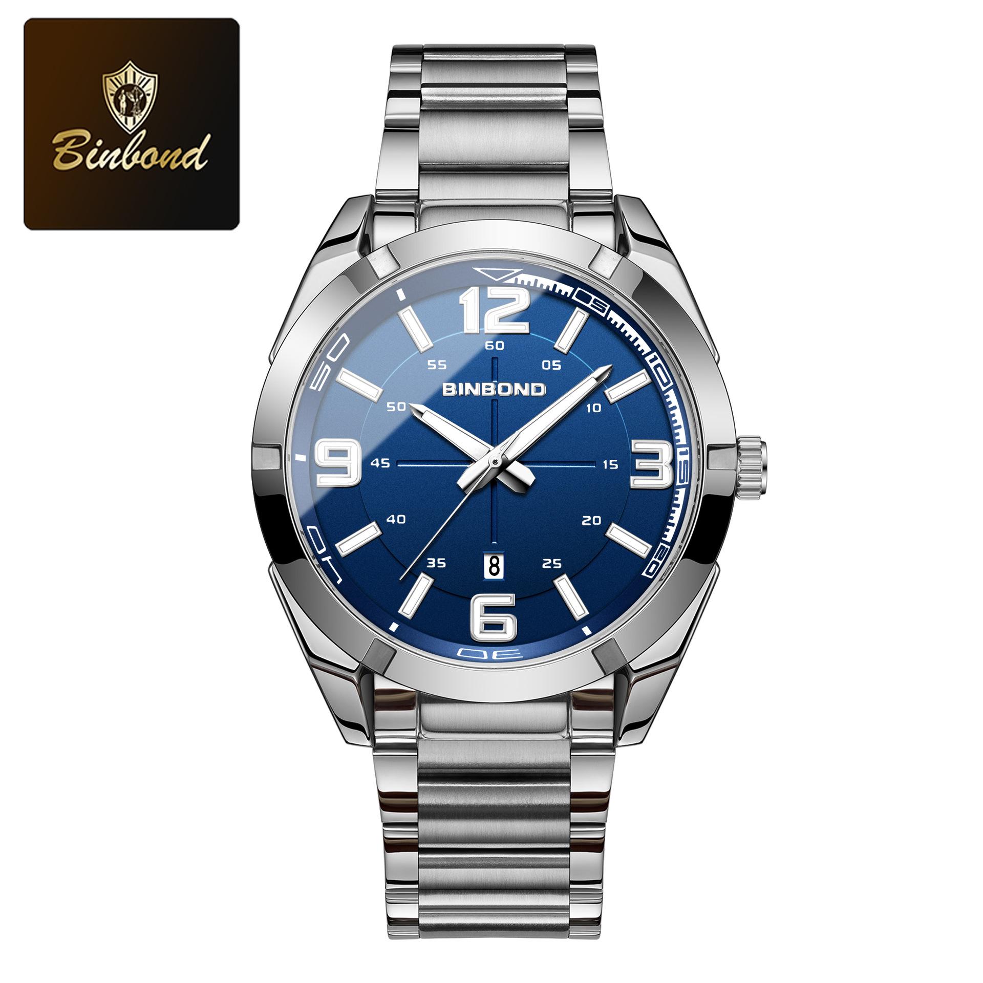

Мужские часы BINBOND Большие цифровые Модные Деловые Водонепроницаемые Календарь Ночная подсветка Нержавеющая сталь Кварцевые Мужские часы Мужской подарок синий/серебряный