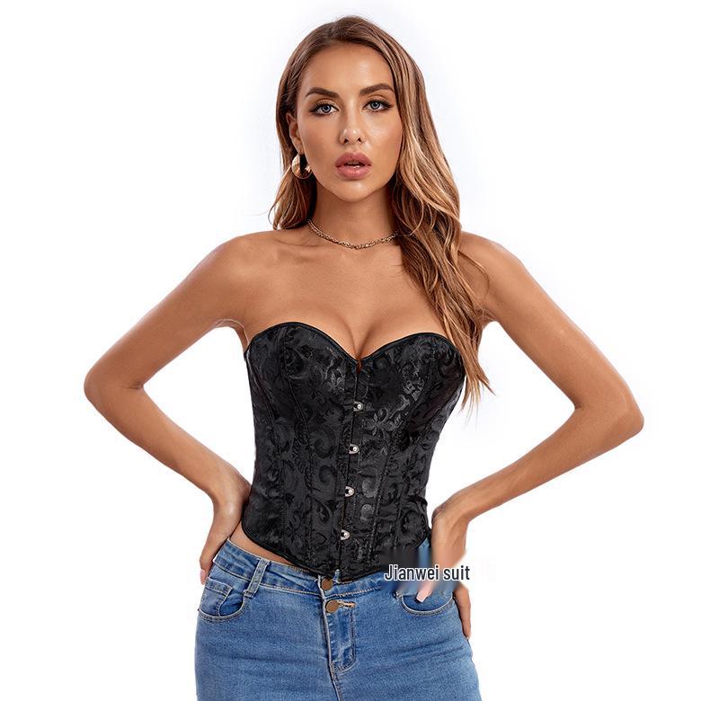 Vintage Fishbone Corset Crop Top: Drawstring, Waist Cincher, Tummy Control, Backless, Short Court Bodysuit with 4 Hooks.