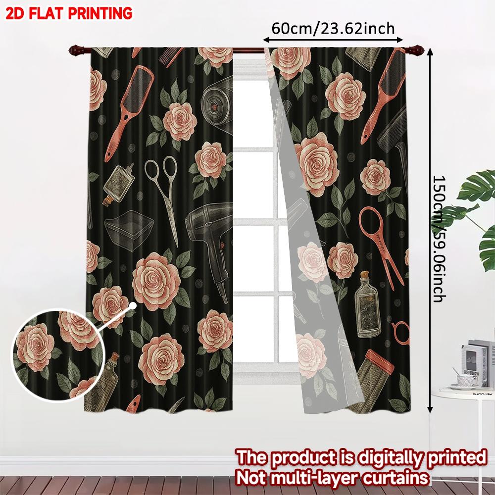 2D flat printing 2pcs Window Treatment Curtains Barber shop1 Digital Printed Polyester Drapes Festive Wall Decor Perfect for