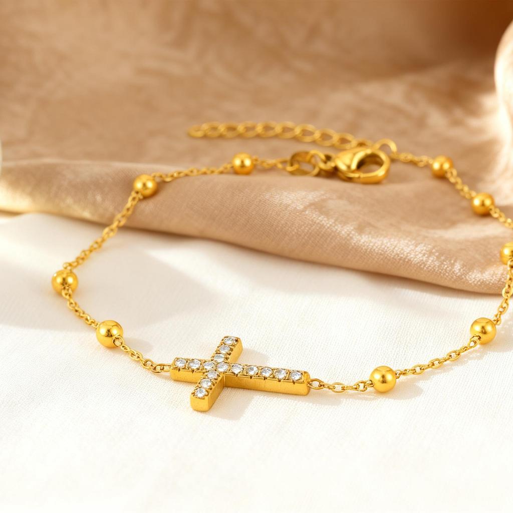 Crystal Cross Bracelet 18K PVD Plated Beads Chain Religion Jewelry for Women Stainless Steel Pulsera Cruz Bangle Waterproof