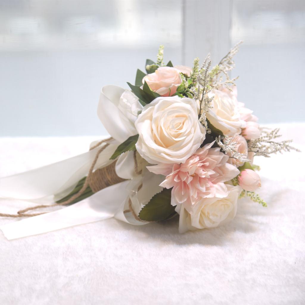 Bouquet da Sposa Rosa Artificiale Avvolto in Juta e Raso Fiore Finto Portatile per Certificato di Matrimonio Ritratti all'Aperto