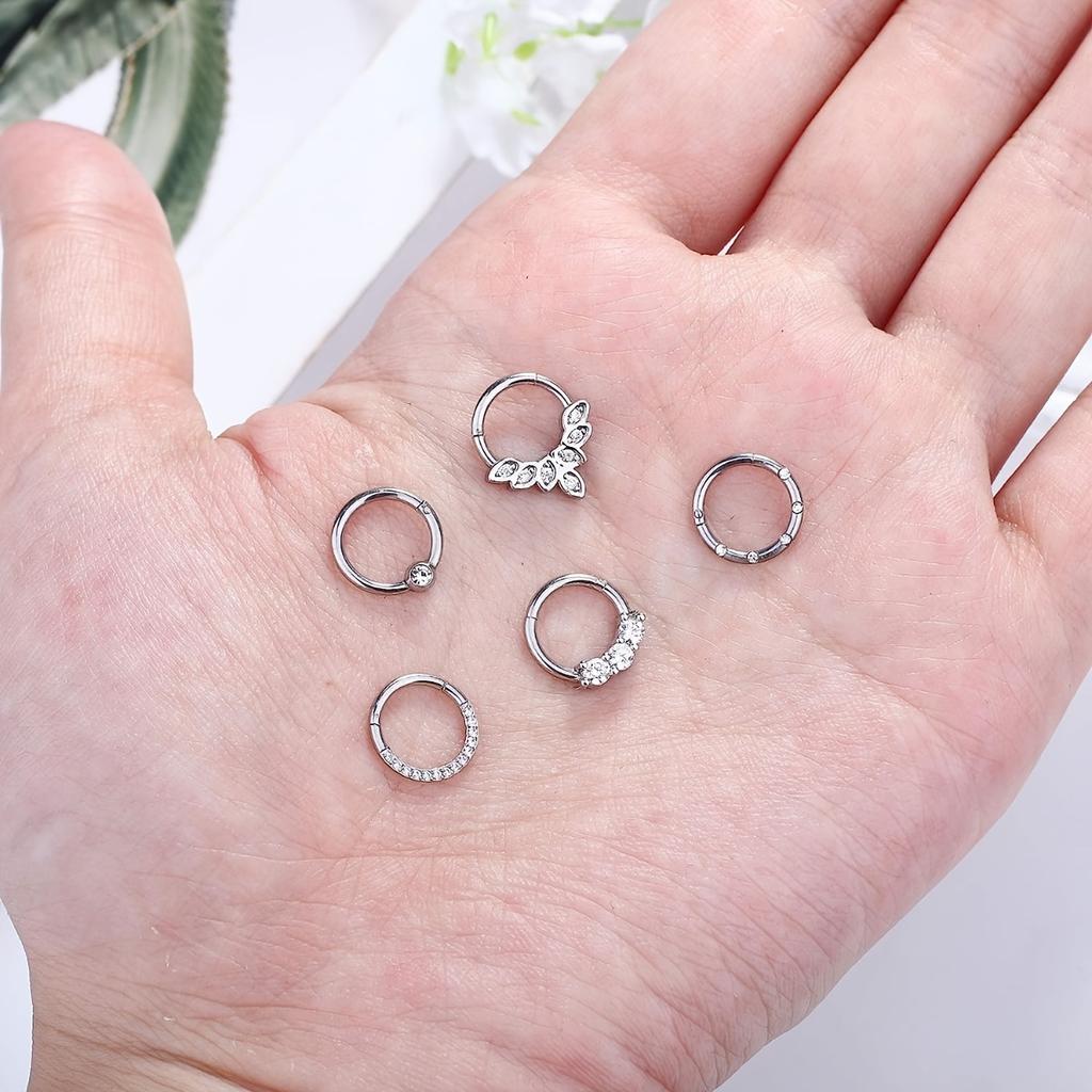 5pcs 16G Fashion 316L Stainless Steel CZ Hinged Septum Clicker Nose Hoop Rings,Daith Helix Tragus Cartilage Piercing Jewelry