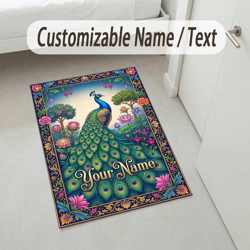 Peacock Floral Theme Soft Crystal Velvet Rug Custom Name & Text Print Non Slip Floor Rug for Bedroom Living Room