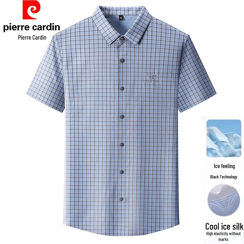 Pierre Cardin Men's Ice Silk Plaid Short-Sleeve Casual Shirt