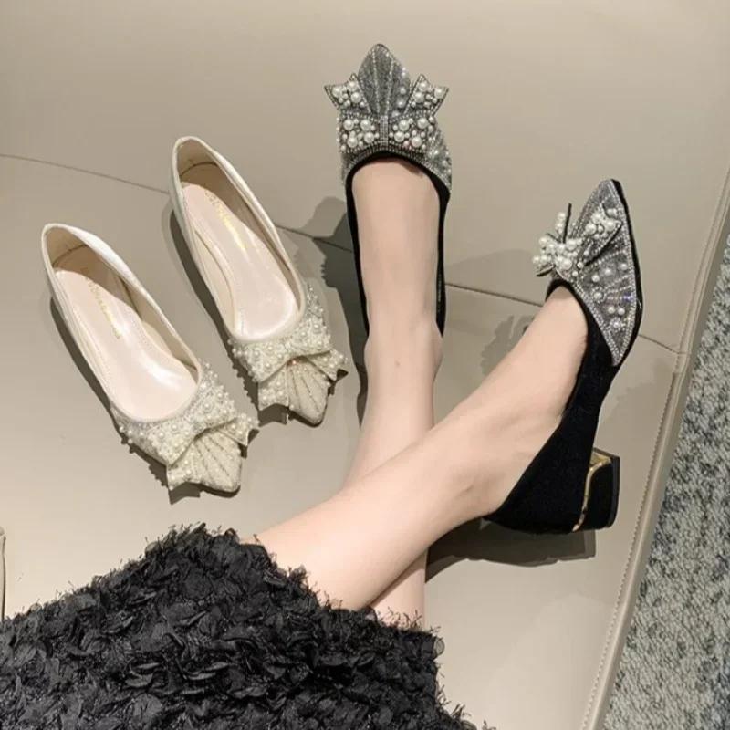 Fashion Women High Heels Gentle Wedding Pumps Female Sweet Pearl Sequin Butterfly Knots High Heels Lady Elegant Pointed Toe Shoes