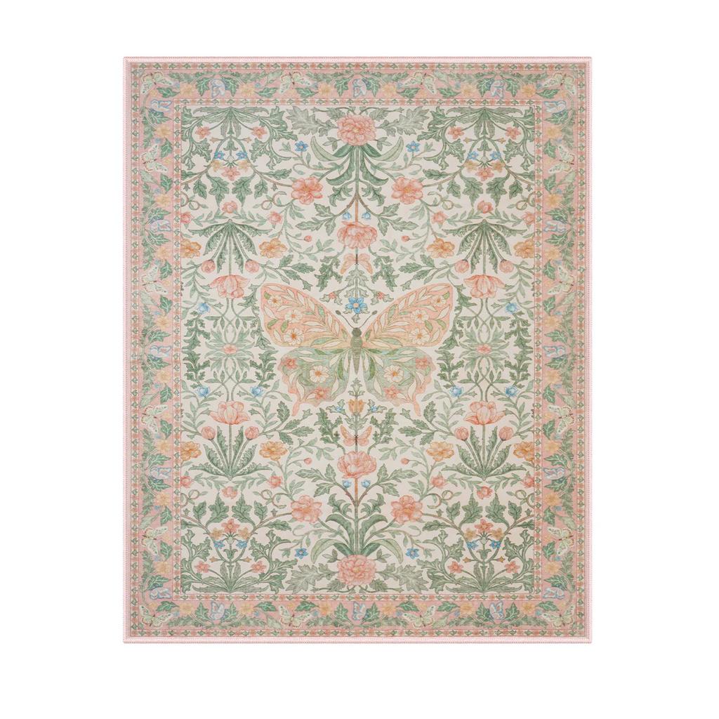 Tappeto Rosa Floreale con Farfalle Vintage Estetica Floreale Gotico Riccamente Decorato Arredamento Casa Tappeto Soggiorno Antiscivolo Lavabile Tappetino Boho per Pavimento