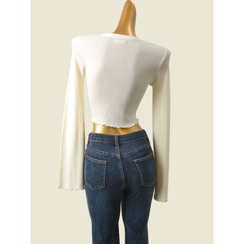 UJIA Wooden Ear Spring Color Matching Long Sleeves Thin Knitwear High Waist Cropped Cardigan