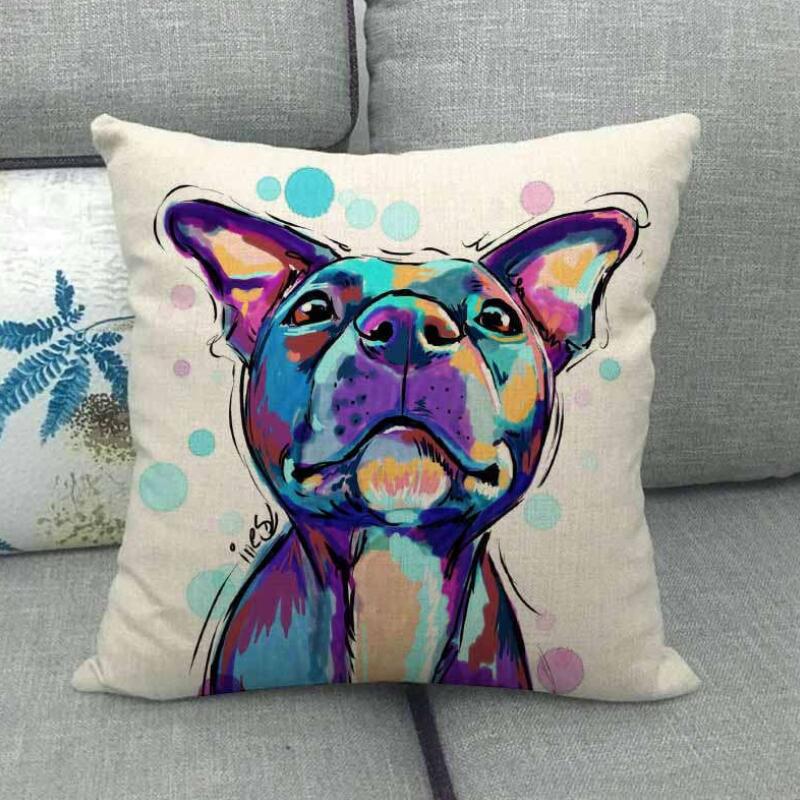 Housse de coussin en lin Motifs Bouledogues Carlins Style Chien Bull Terrier Décoration de Maison Salon Canapé Coussins d'appoint Housse 45X45cm