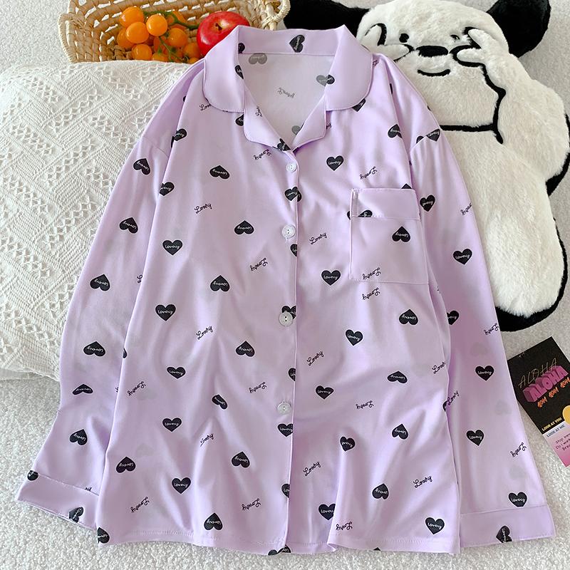 Pijama Coração Roxo Primavera Outono para Mulheres Moda Manga Comprida tops e Calças roupa de dormir Elegante de Alta Qualidade Confortável Lapela Roupa de Descanso