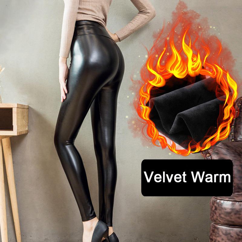 

Модные женские брюки из искусственной кожи, эластичные зимние леггинсы с высокой талией, тонкие бархатные кожаные леггинсы, узкие флисовые брюки L