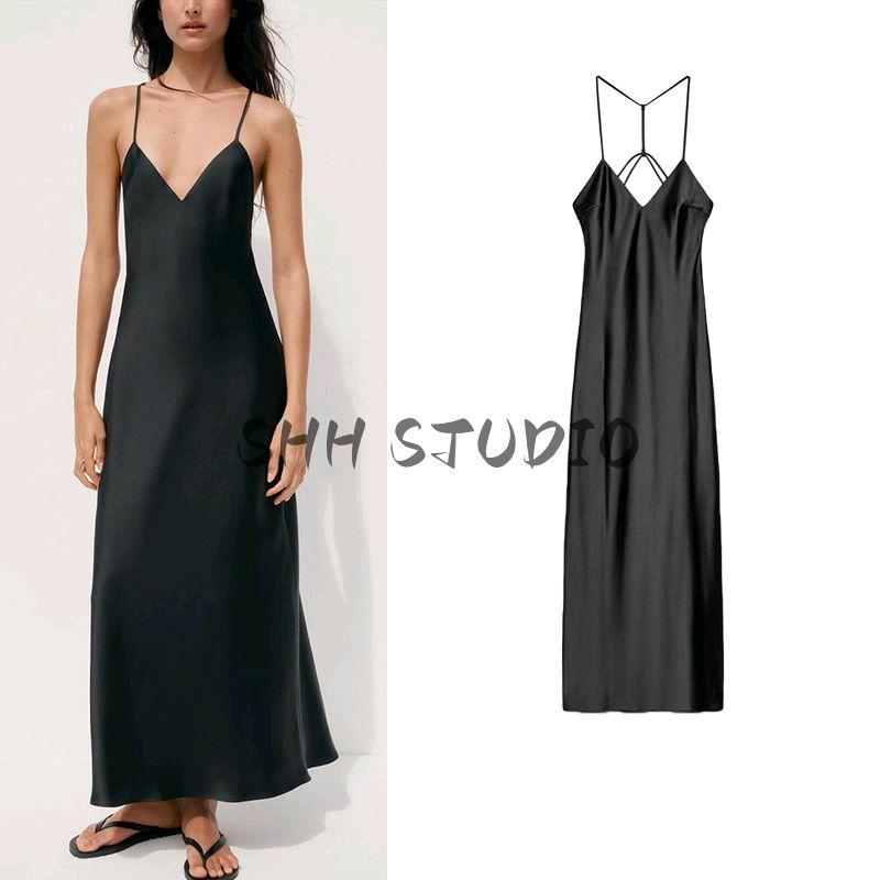 Summer New Product Women's Clothes Minimalist Style V Neck Sleeveless Silk Satin Textured Sling Midi Skirt Dress 8034331