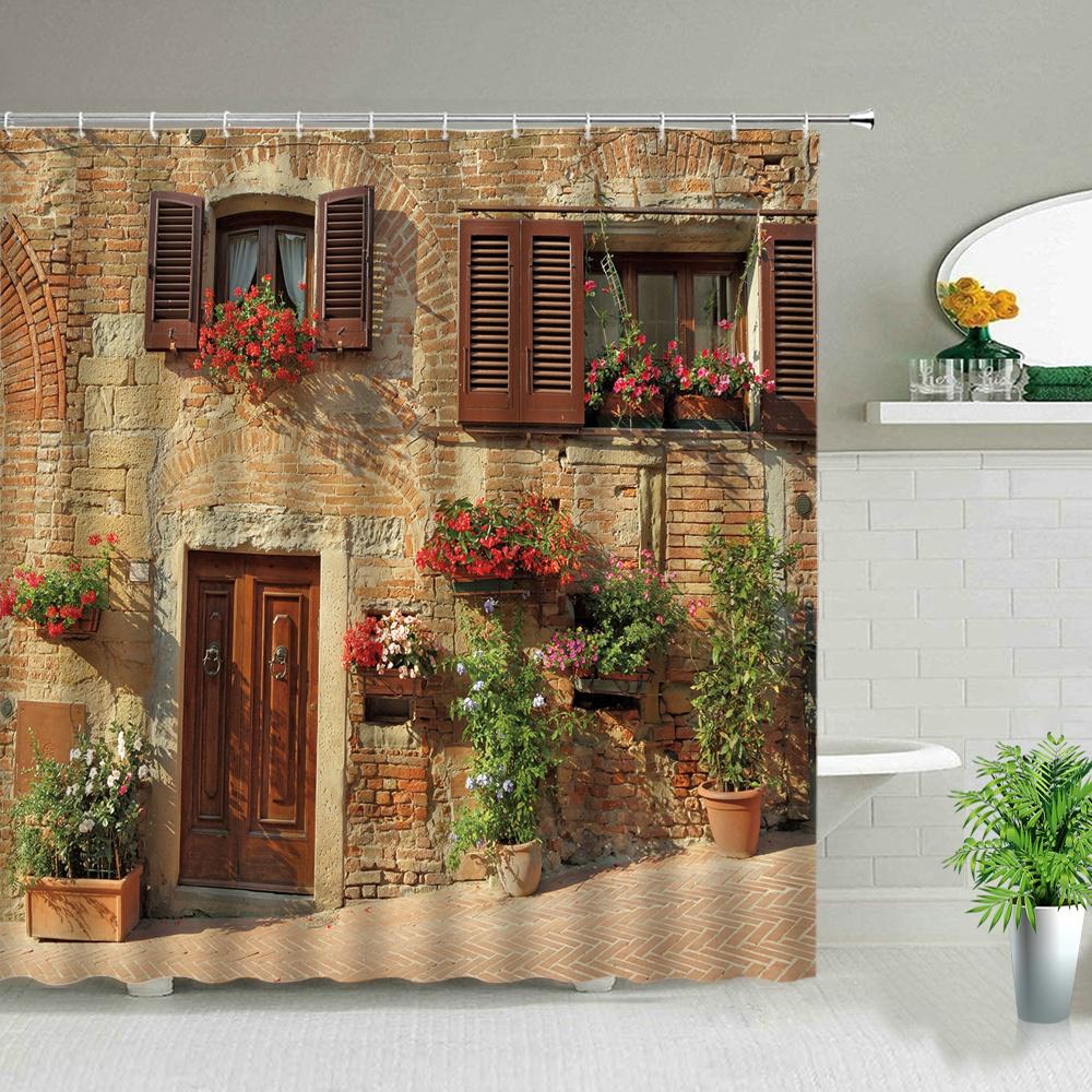 3d Nordic Italy Street Alley Shower Curtain Garden Flowers Scenery Retro Design Cloth Curtains Waterproof Home Bathroom Decor