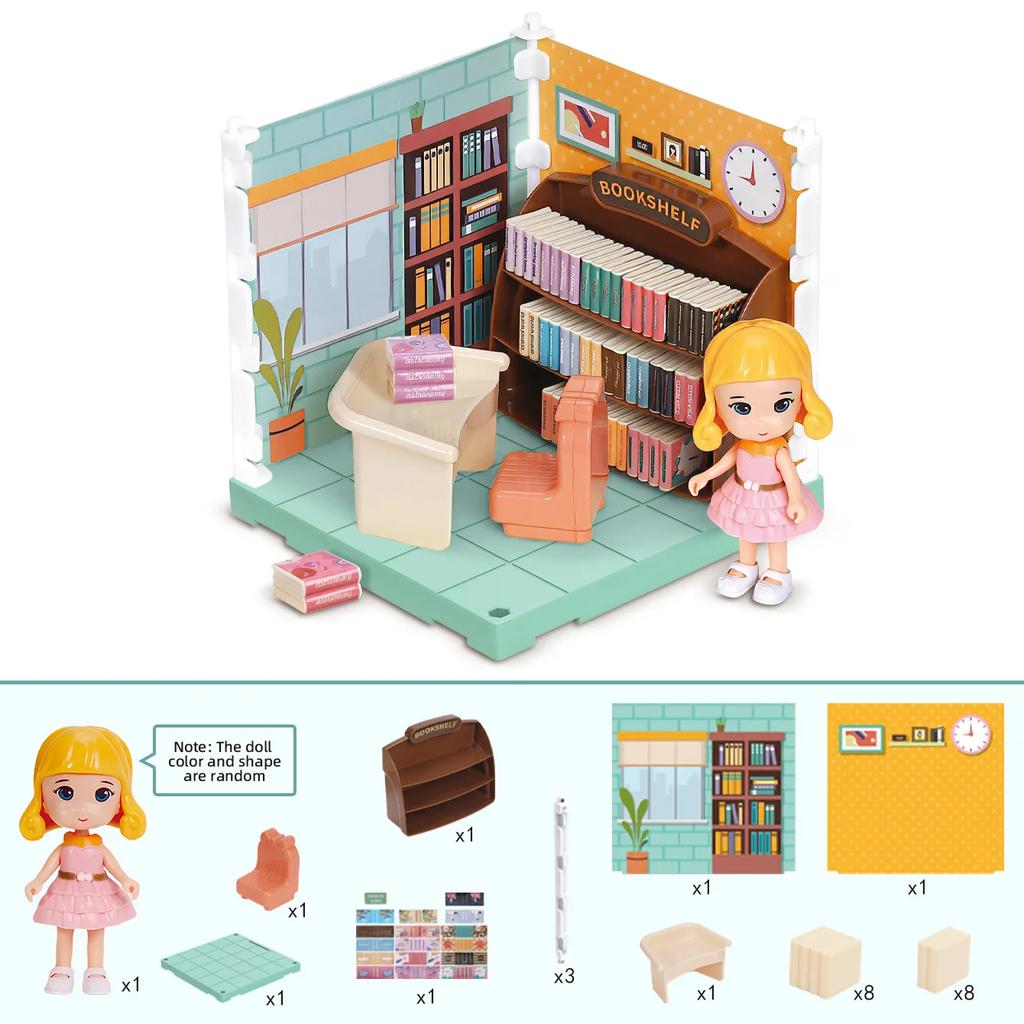 Miniatures House Kit Girls Toys Doll House Mini Room Simulated Bedroom Bathroom Kitchen Study Furniture Play House Toys for Kids