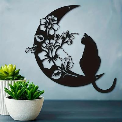 Metall-Wandgiebel mit Katze und Mond – Schwarze Katze und Mond-Dekor, Wandkunst mit Mondblume und Wanddekoration mit Mondphasen