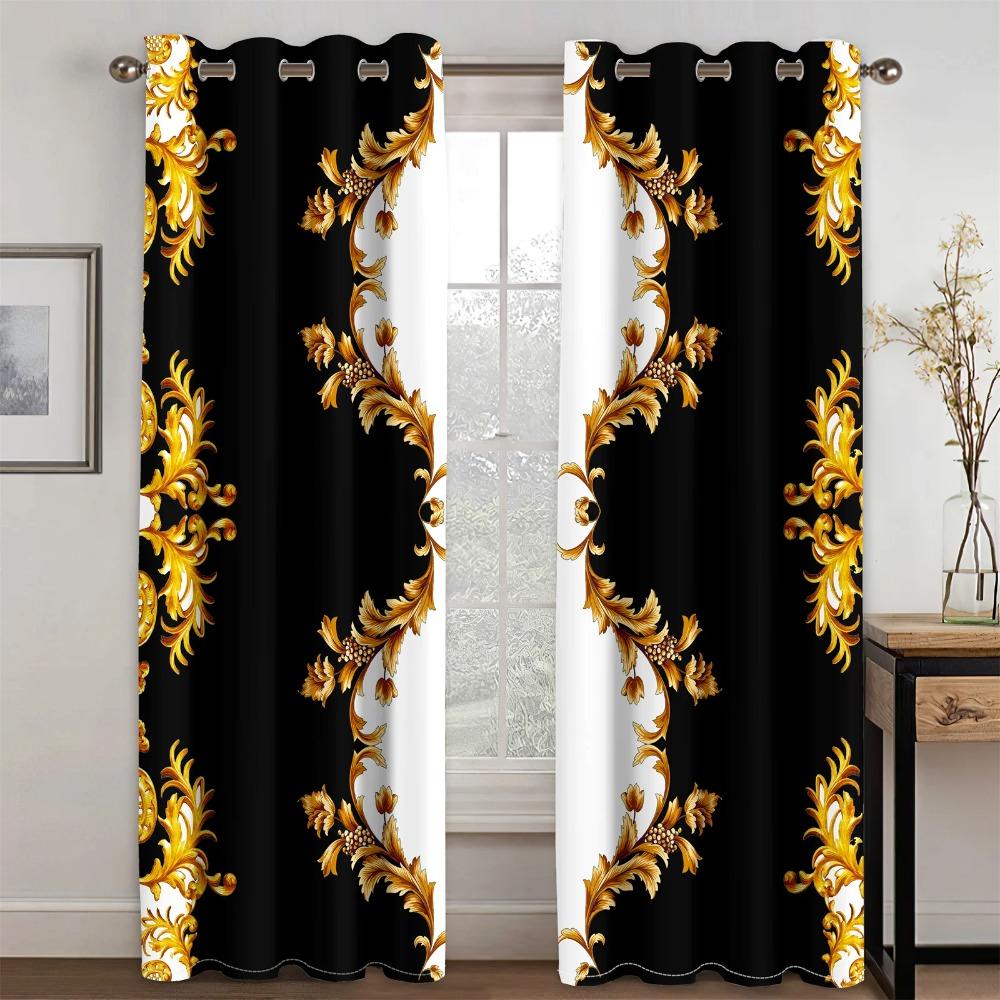 3D Luxurious Style Baroque Ebony Golden Trendy 2 Panels Shading Windowpane Drape Ideal for Livingroom Space Bedchamber Decoration Grommet