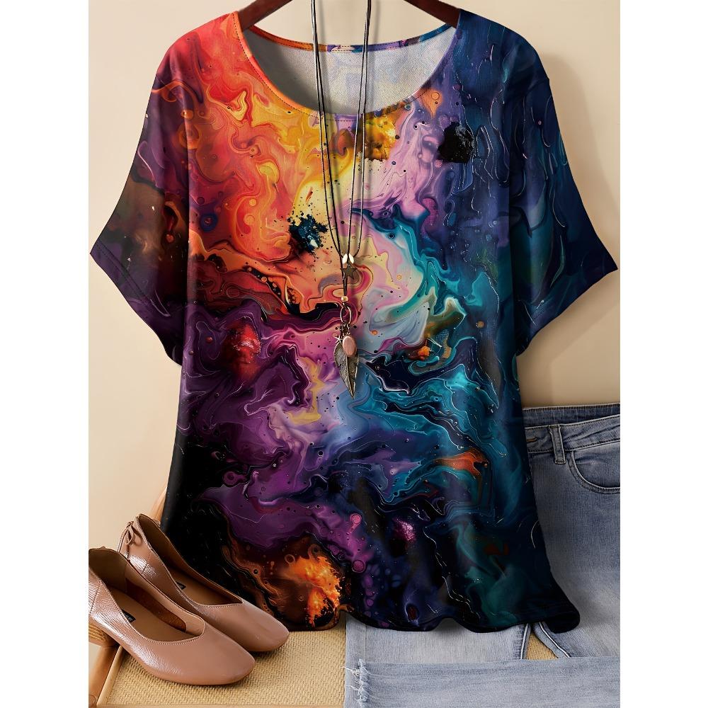 Summer Womens Retro 3D Printed Color Striped T-shirt Pattern Loose Comfortable Breathable Large Size Fashion O-neck T-shirt