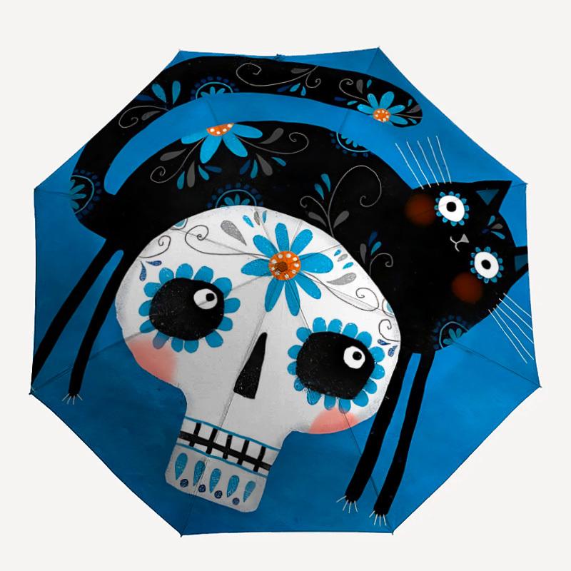 1pc Sugar Skull Cat Automatic Open 8-Rib Windproof Umbrella, Travel & Commuting, Suitable for All Seasons