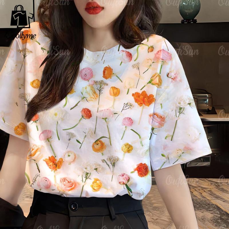 

3D Floral T-shirt Womens T-shirt Summer Round neck Short sleeve T-shirt Loose Street Womens Clothing 3D Printed T-shirt S