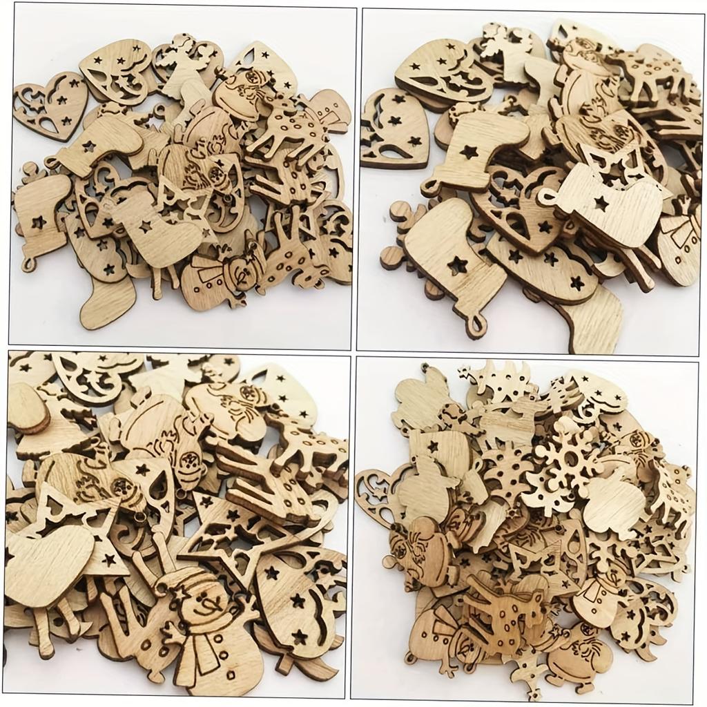 100PCS Christmas Mini Wooden Decorations, Wooden Christmas Paper Cutouts Wooden Pieces, Christmas Wooden Pieces Hanging Decorations