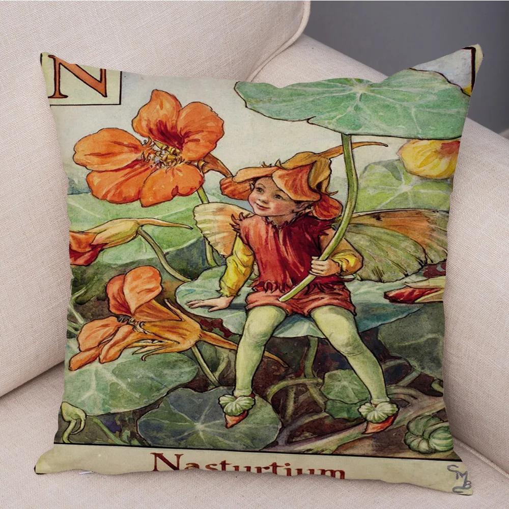 Vintage Floral Girl Pillowcase Decor Cute Cartoon Flower Elf Fairy Tale for Sofa Home Pillow Case Soft Plush Cushion Cover