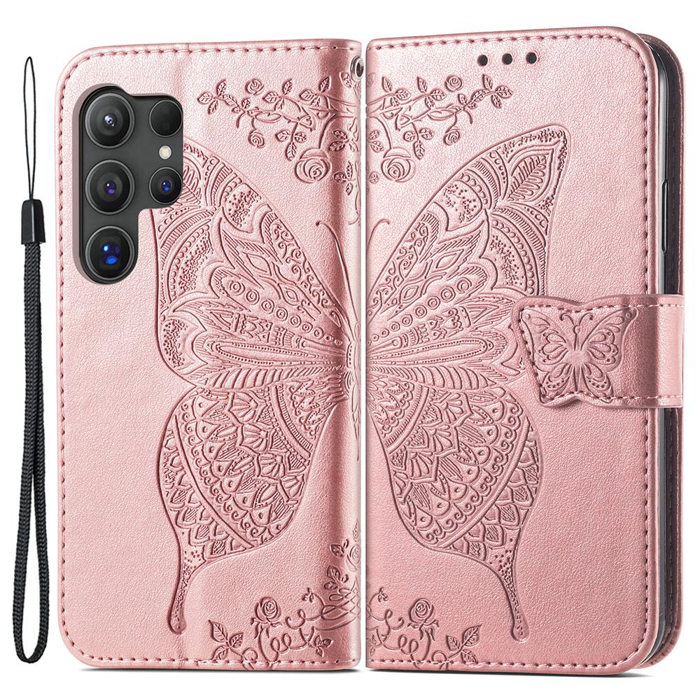 

For Samsung Galaxy S24 Ultra Flip Folio Cover with Butterfly Pattern Leather Stand Phone Case Rose Gold
