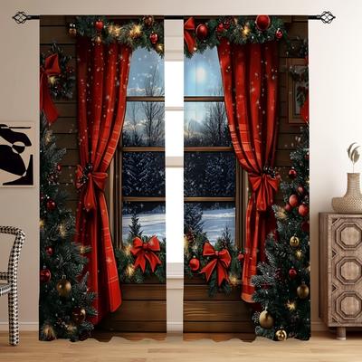 Christmas Snowy Landscape Curtains 2pcs Red Semi-Transparent Rod Pocket for Living Room Bedroom Kitchen All-Season Decor