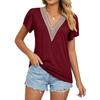Camiseta de verano para mujer, camisetas de Color liso con manga corta y cuello en V de encaje dorado