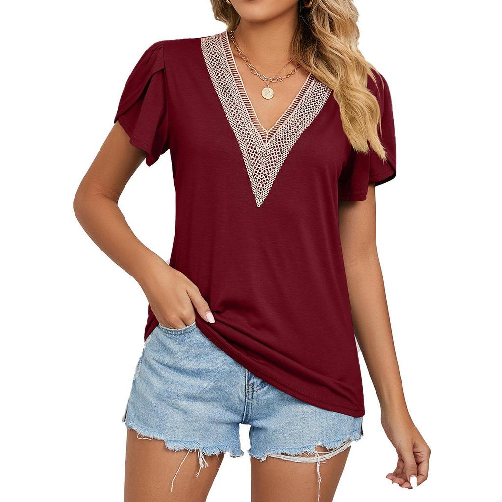 Camiseta de verano para mujer, camisetas de Color liso con manga corta y cuello en V de encaje dorado