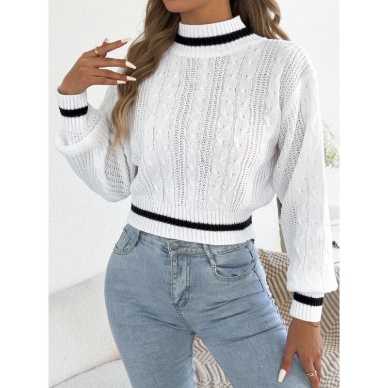 Women S Casual Color Block Half High Neck Waist Tightened Lantern Sleeve Sweater