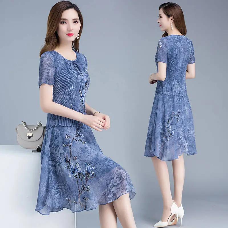 Women's Summer Chinese Style Elegant Chiffon Dress Round Neck Plus Size Printed Knee Over Dress