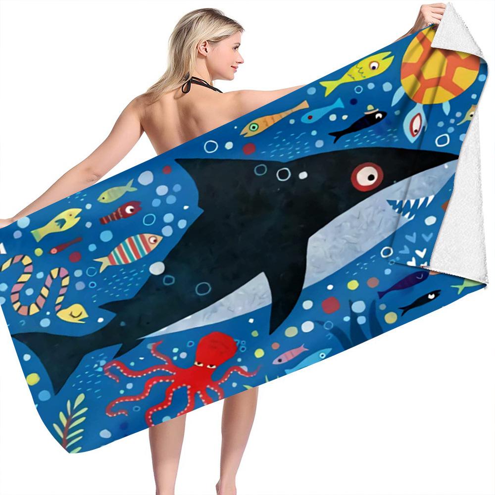Cartoon Shark Series digital-printed polyester Superfine fiber double-sided fleece Beach vacation bath towel, beach towel