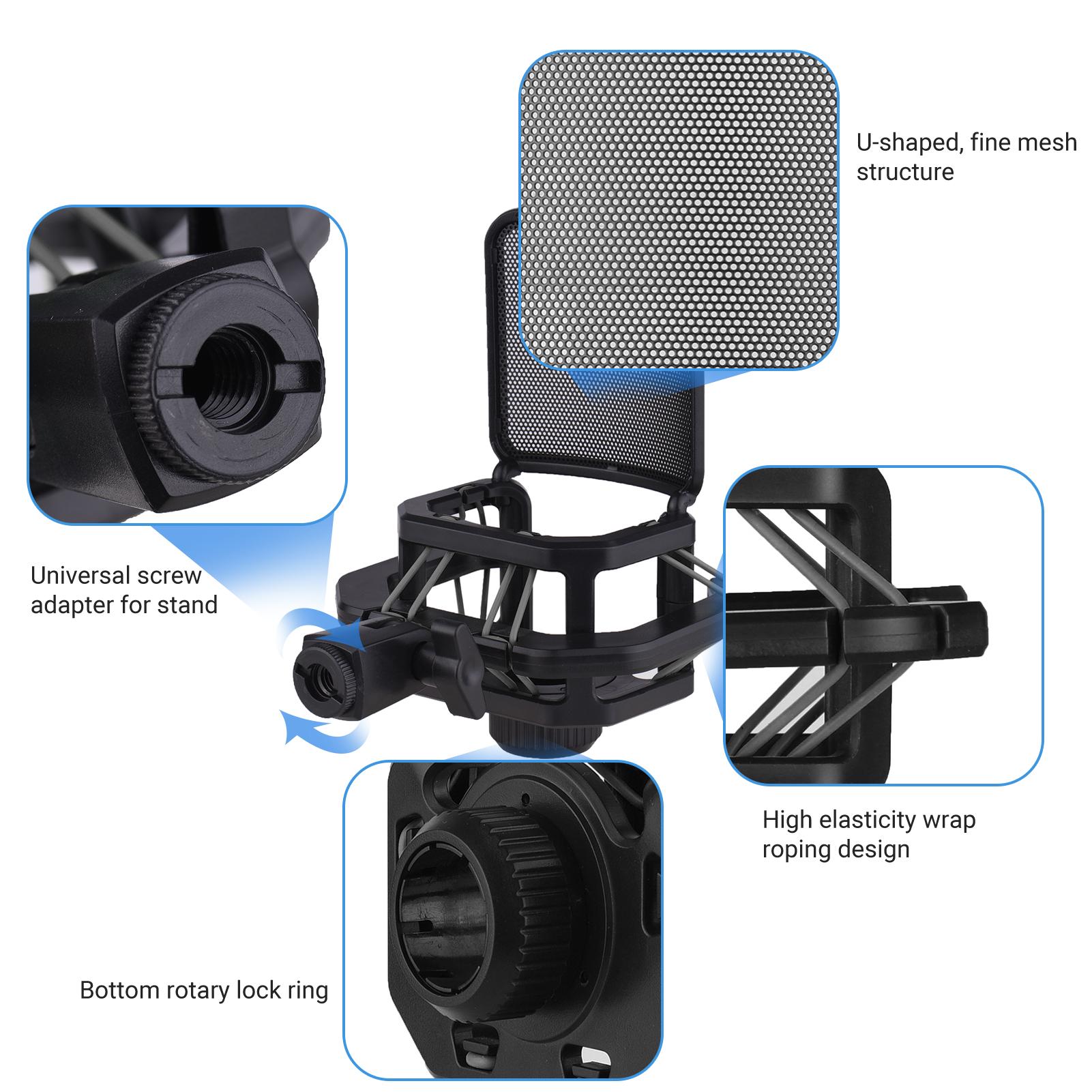 

Plastic Microphone Shock Mount Anti vibration Mic Holder Stand with Metal Pop Filter Universal Screw Adapter for чорний