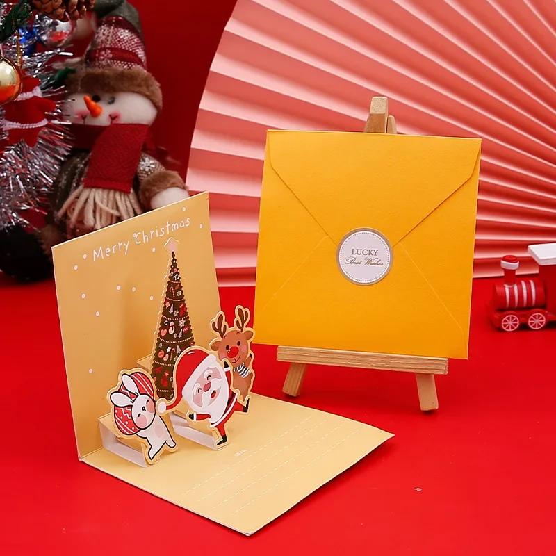 3D Pop Up Cartoon Christmas Card Merry Christmas Greeting Card Handwritten Blessing Invitation Cards Thanksgiving New  Gifts