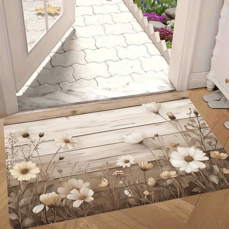 1pc 2D Flat White Daisy Flowers Wood Plank Rustic Flannel Door Mat Non Slip Farmhouse Rug For Entryway Kitchen Floor Decor