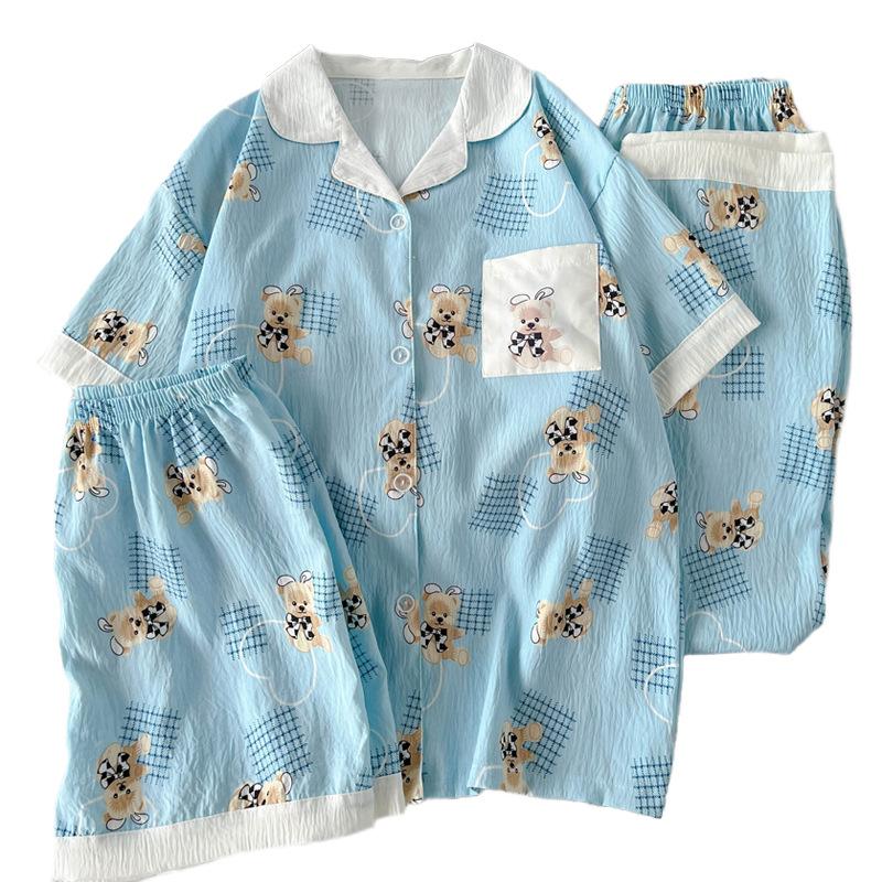 Contrasting Colors Cute Bear Cute Cloud Cotton Pajamas Women'S Summer Short-Sleeved Three-Piece Loungewear Can Be Worn Outside