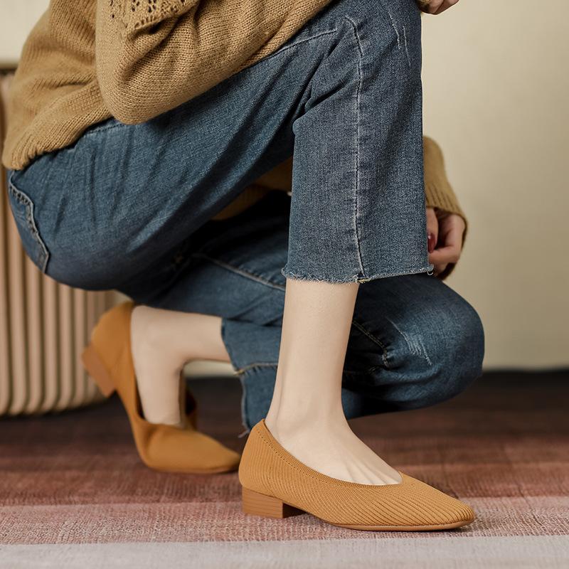 New Mid-heel Flying-woven Women's Shoes Woven Breathable Fashion Light-mouth Soft-soled Women's Single Shoes