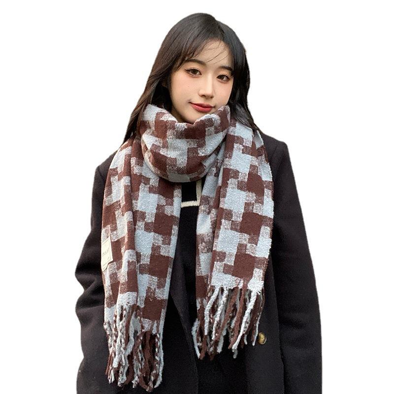 Plaid Scarf Women's Winter Korean Version Versatile ins Navy Blue Retro Tassel Premium Sense Warm Student Scarf Tide