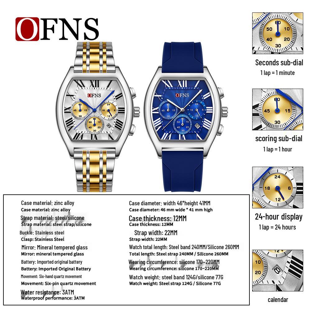 OFNS Men's Barrel-Shaped Waterproof Quartz Watch - Multifunctional Calendar with Three-Eye, Six-Hand Design, Casual Style.