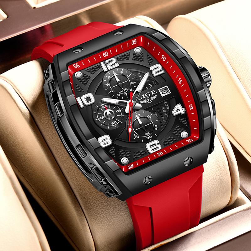 Fashion Red Silicone Watch Men Outdoor Sports Waterproof Men's Quartz Wristwatch Top Brand Luxury Square Quartz Chronograph