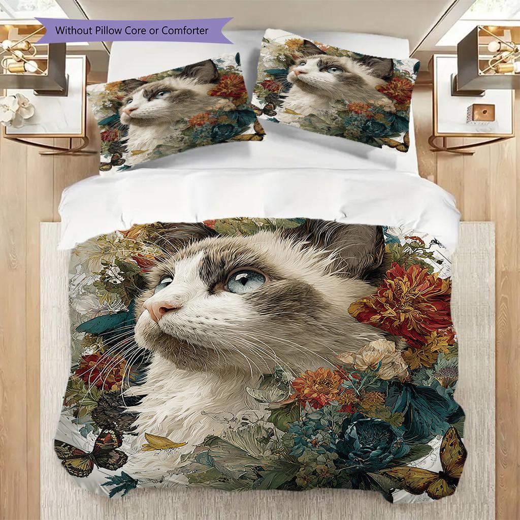 Maine Coon Pattern Bedding Quilt Set Quilt Cover Pillowcase Home Decoration Birthday Gift (1 * Duvet Cover + 2 * Pillowcase, Without Core)