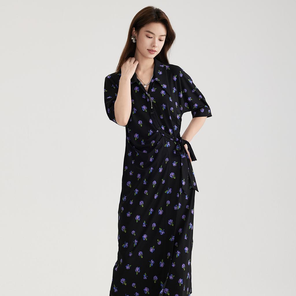 Ladies' Temperament Short-sleeved Dress 2025 Summer Floral Dress, High-end Feeling, Slim and Thin, Medium To Long Skirt