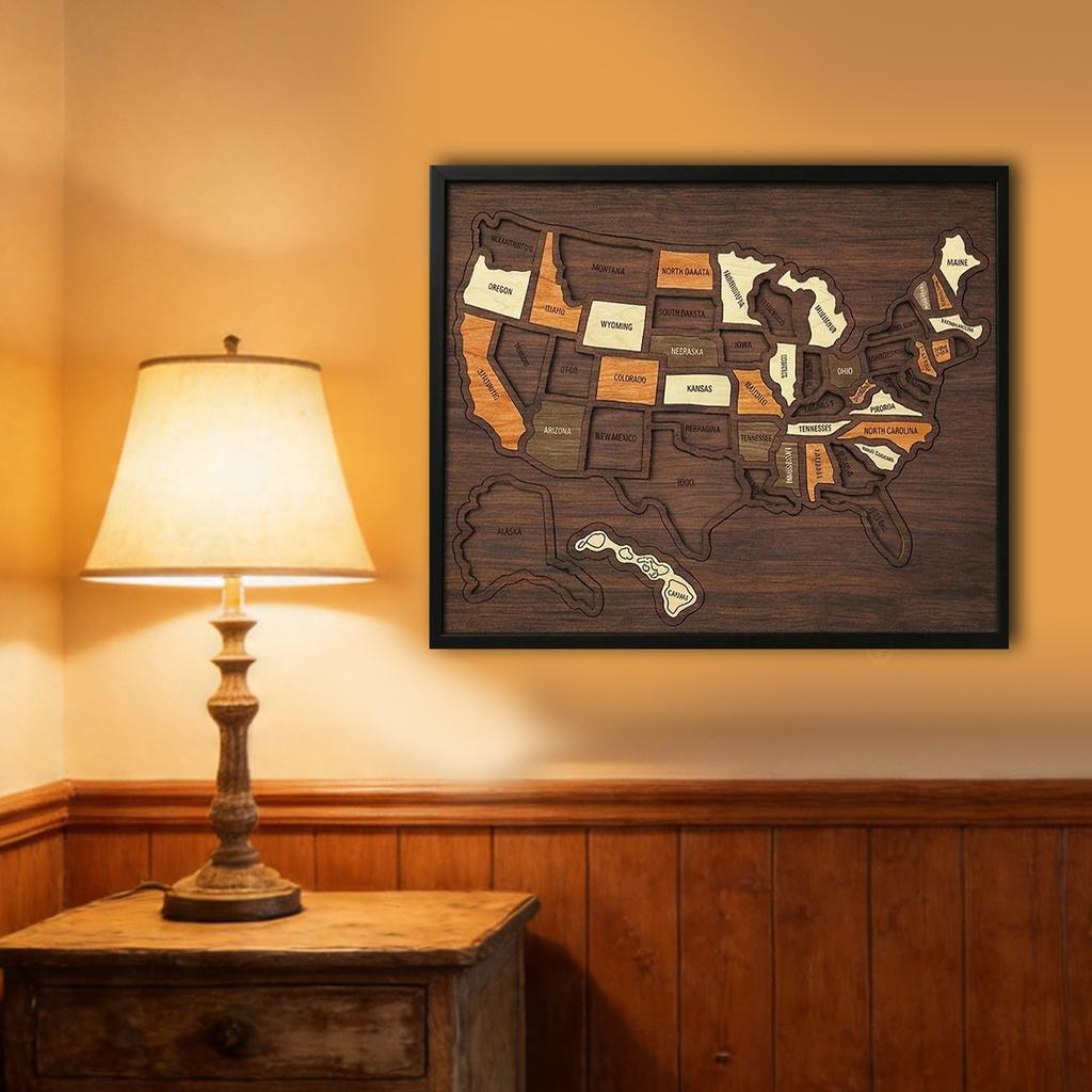 12 X 10Inch Wooden Portable USA Travel Jigsaw Lightweight USA Travel Map Puzzle for Vacations Home Classroom Wall Art Home Decor
