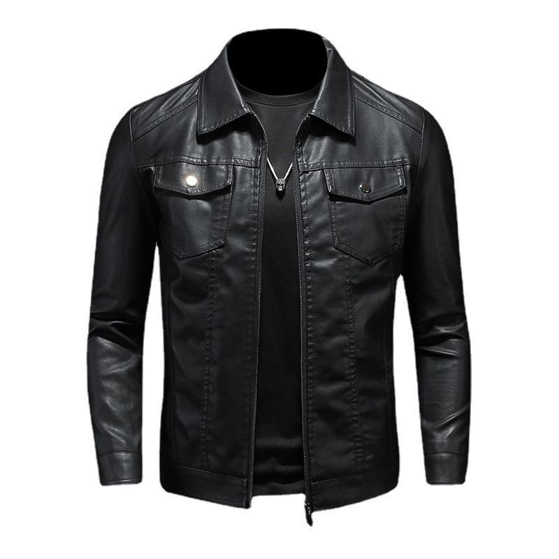 Men's Slim Fit PU Leather Motorcycle Jacket - 2024 Spring/Autumn Korean Style with Fleece Lining