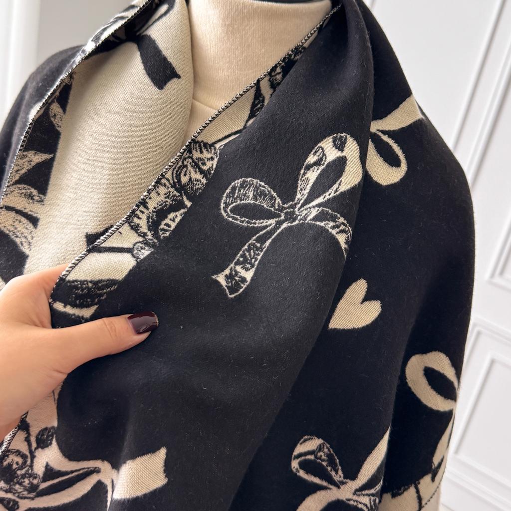 Women New Elegance Bow Print Scarf Winter Warmer Pashmina Two-Sided Scarves Female Shawls Thick Blanket Wraps Foulard Scarf