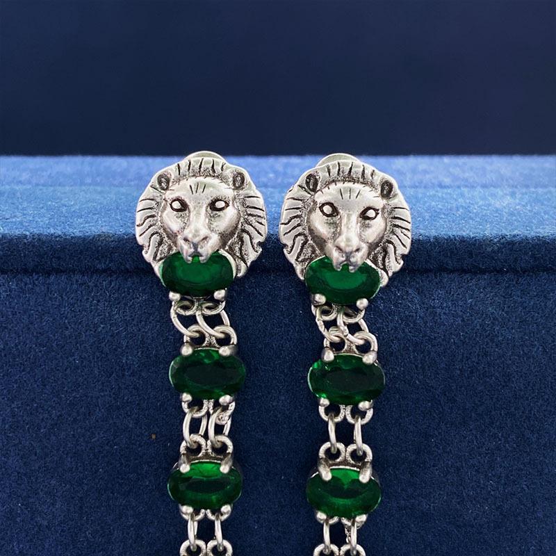 Mittelalterliche Ohrringe Damenstil Smaragdstein Lange Löwenkopf Ohrstecker Übertrieben Retro Ohrringe