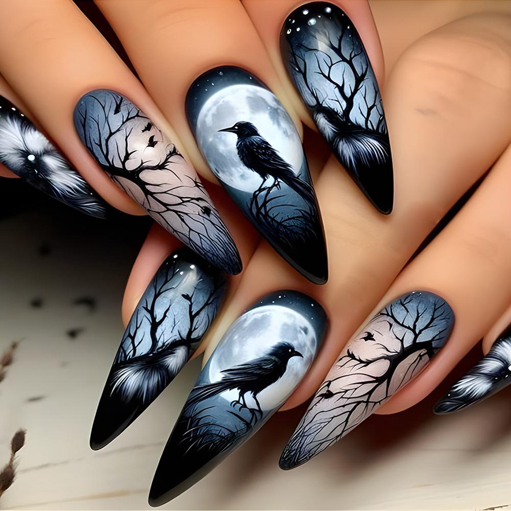 10 Pcs French Almond Fake Nails Dark Halloween Theme Full Cover Press On Nails For Party Wearable False Nail Tips