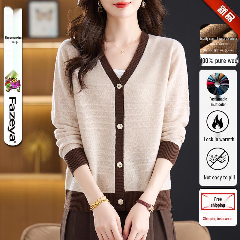 New Women's V-Neck Pure Wool Cardigan, Casual Knit Woolen Sweater Jacket