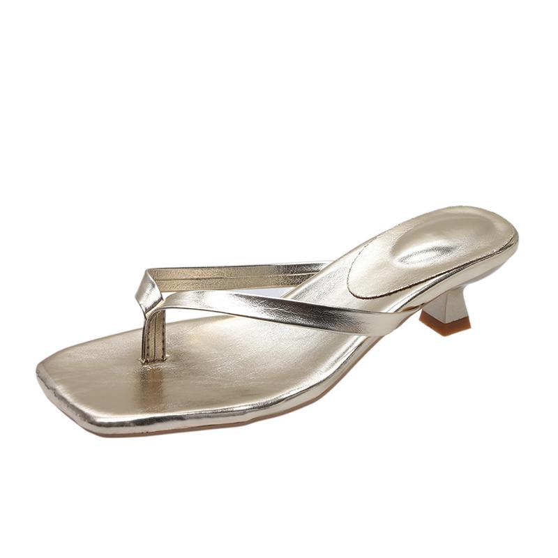 

Лето 2025 новые квадратный носок кот с крутыми шлепанцами носить универсальные шлепанцы женские повседневные пляжные шлепанцы 35 золотой